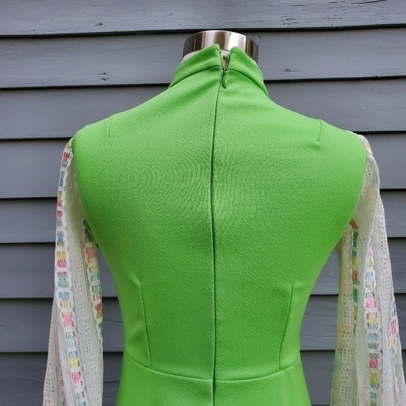 Vintage 70s Handmade Cottagecore Prairie Neon Green Rainbow Maxi dress XS - Picture 3 of 7